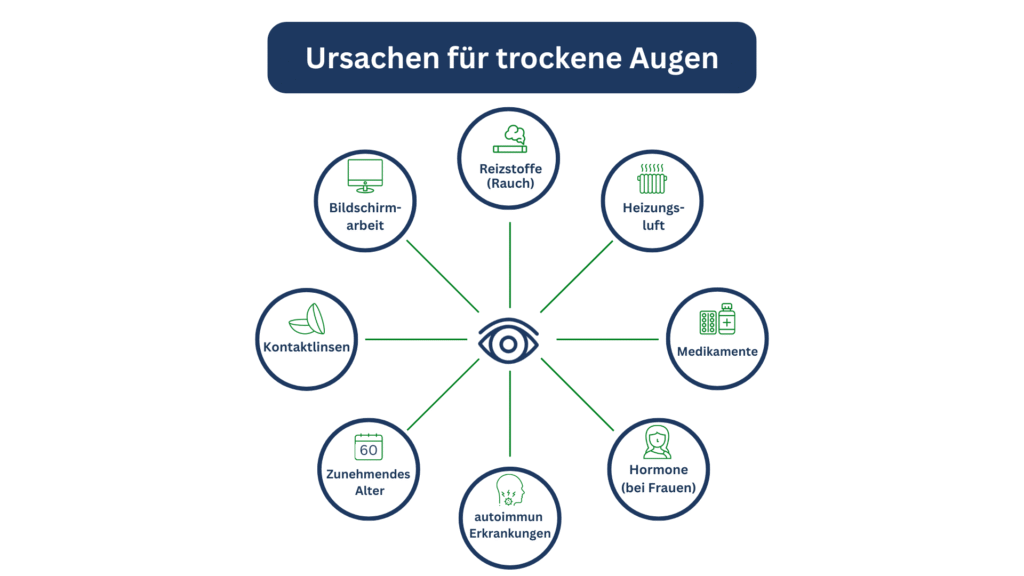 Eine kreisförmige Infografik zeigt acht Ursachen für trockene Augen, gruppiert um ein zentrales Augensymbol: Bildschirmarbeit, Rauch, Heizungsluft, Medikamente, Hormone (Frauen), Autoimmunerkrankungen, Alter, Kontaktlinsen.