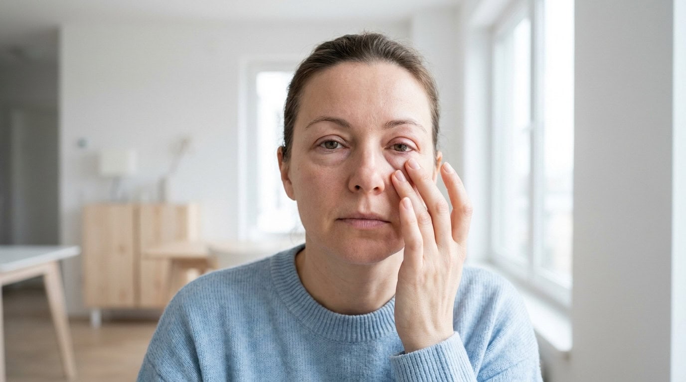 Eine Frau mit geschwollenen Augen.