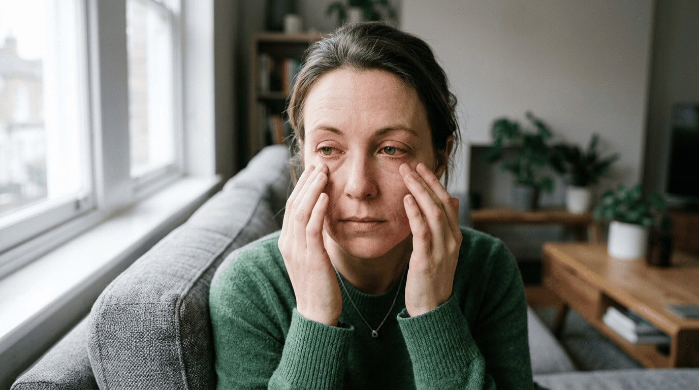 Frau mit juckenden, geröteten Augen tupft sich vorsichtig die gereizten Lider in hellem Tageslicht