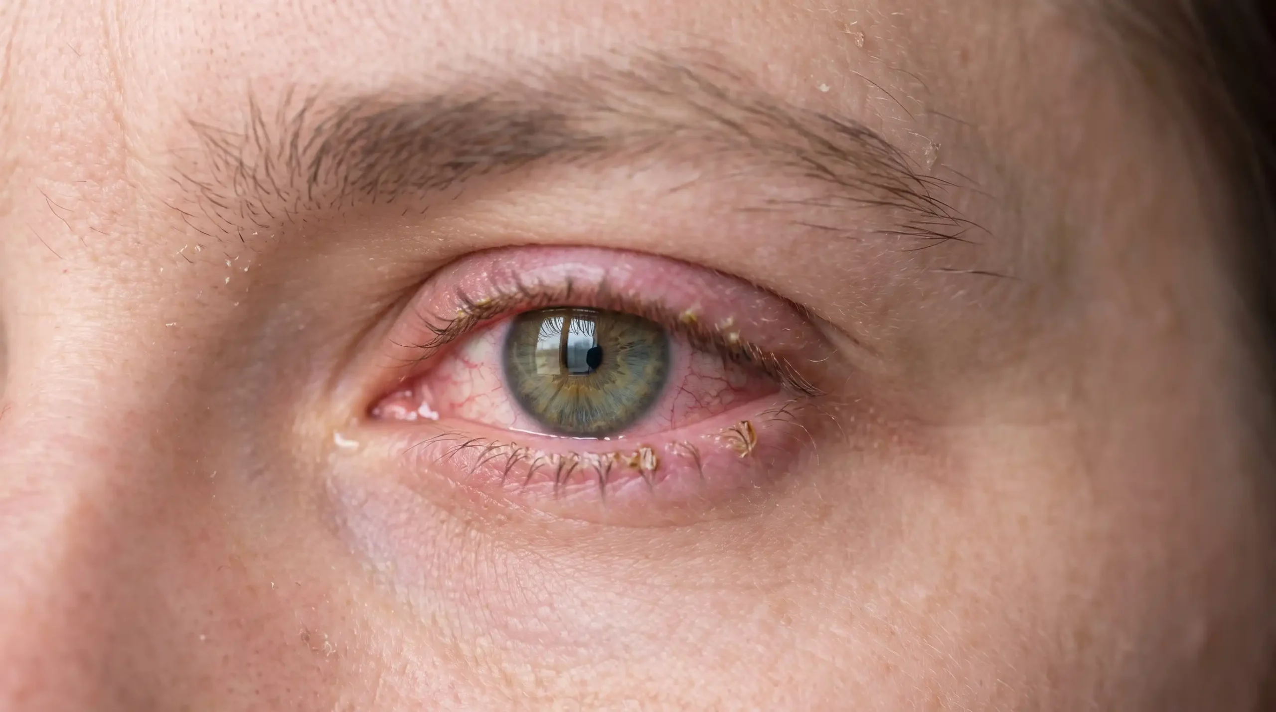 Nahaufnahme eines Auges mit Bindehautentzündung: stark gerötete Bindehaut, verkrustete Wimpern und Träne im Augenwinkel
